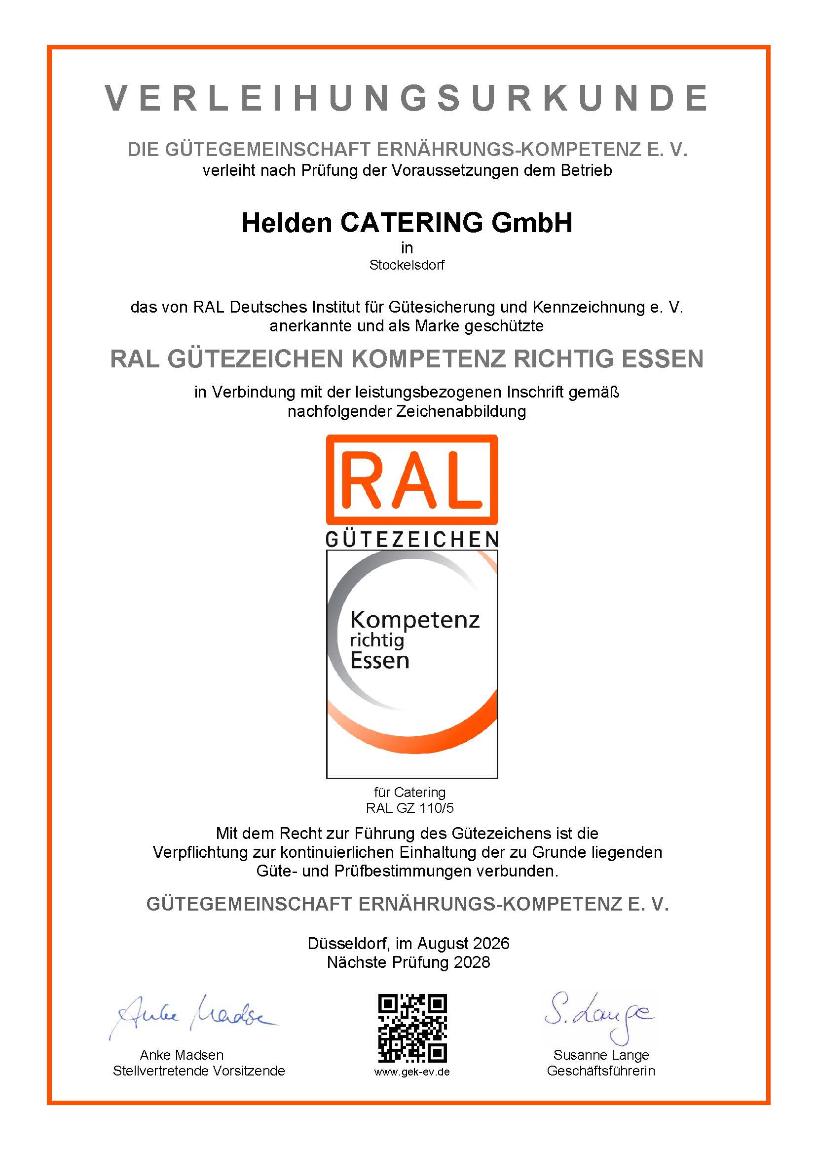 Verleihungsurkunde RAL Gütezeichen Kompetenz richtig essen Helden CATERING GmbH
