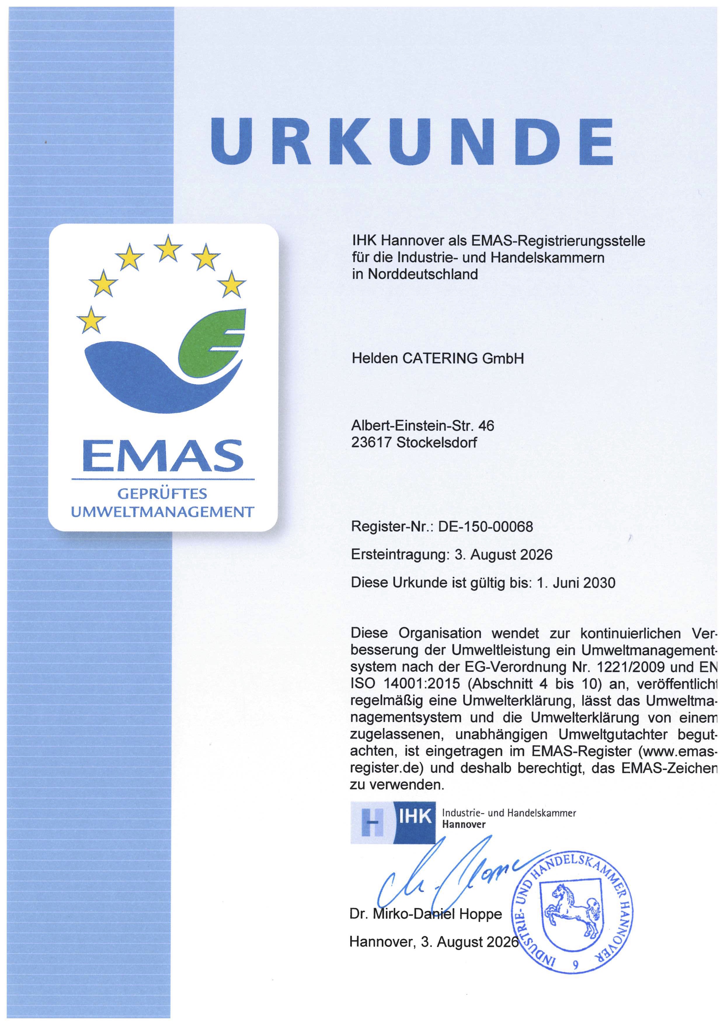 Urkunde EMAS Zertifizierung Helden CATERING GmbH
